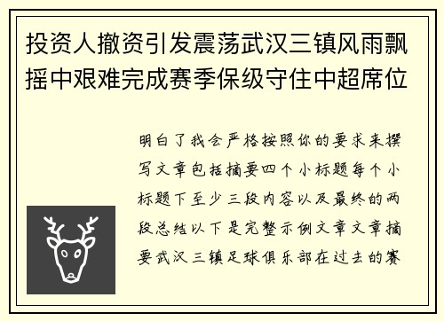 投资人撤资引发震荡武汉三镇风雨飘摇中艰难完成赛季保级守住中超席位
